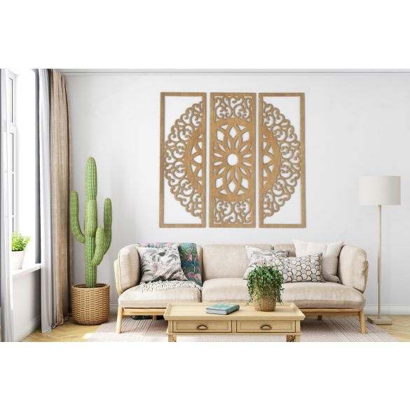 Három részes, fából készült mandala falikép