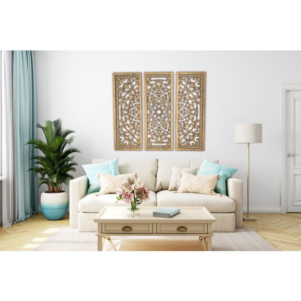 Három részes, fából készült mandala falikép