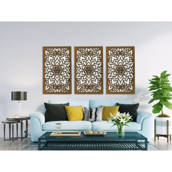 Elegáns, fából készült, három részes mandala faldekor
