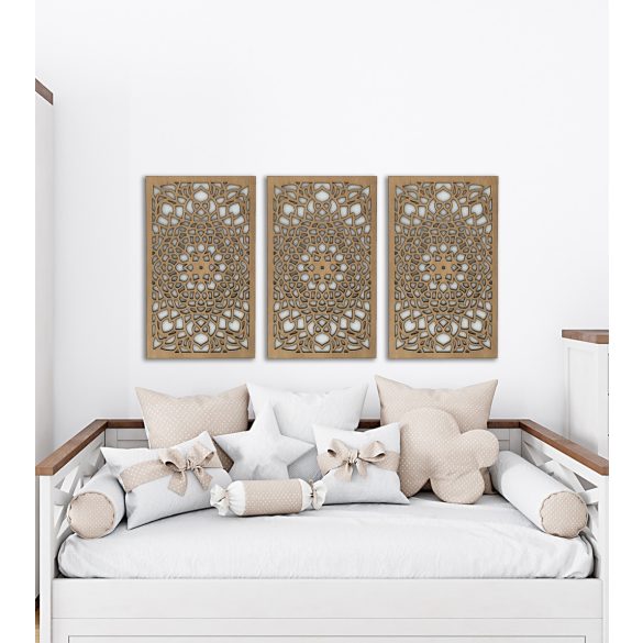 Gyönyörű, fából készült, három részes falikép, mandala